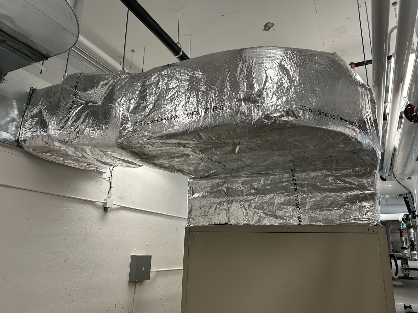 Interior duct plenum wrapped in foil-faced insulation