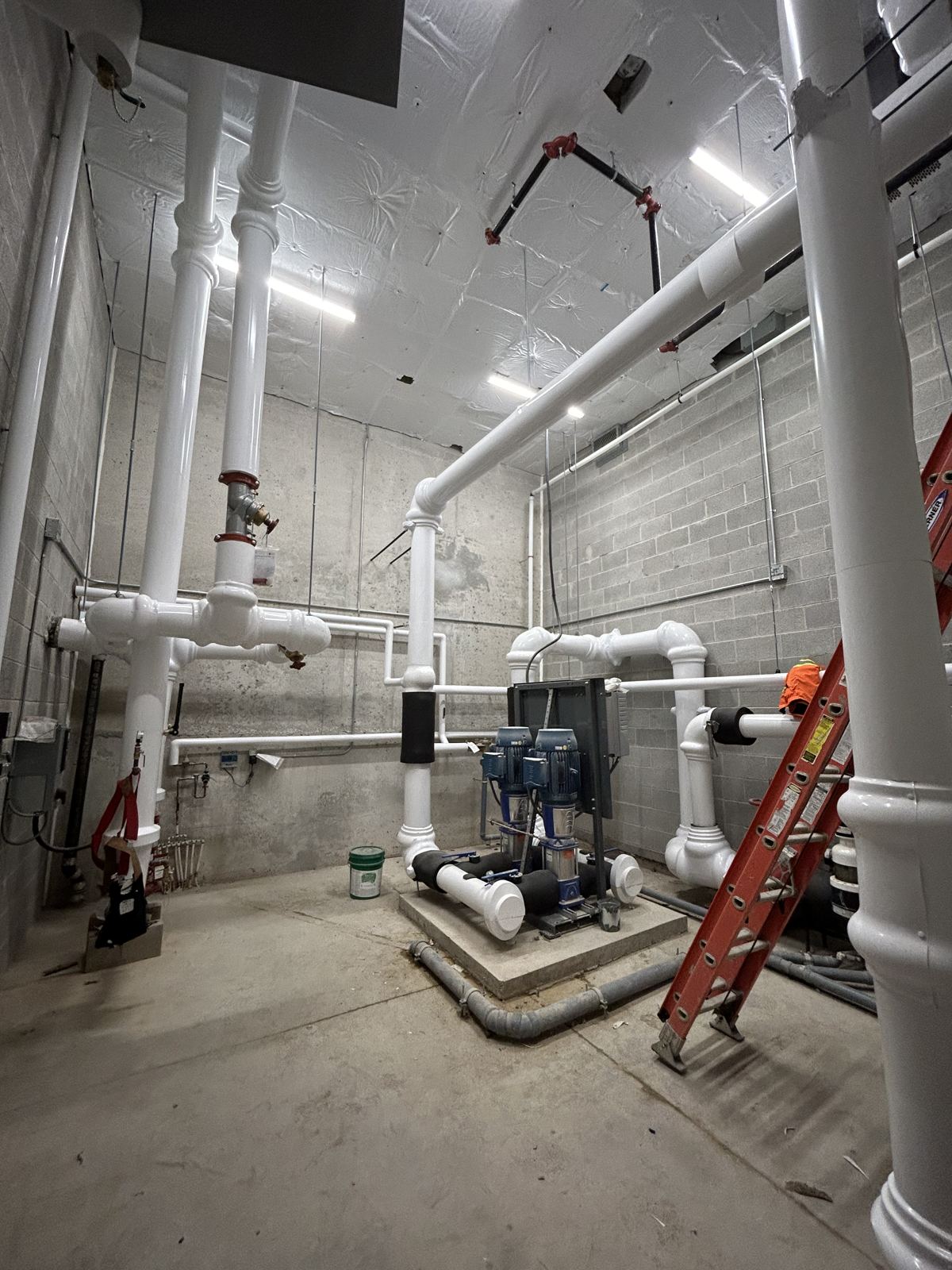 Pump room with jacketed piping and pumps